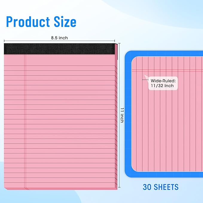 6pcs Legal Pads 8.5 x 11, Notepads 8.5 x 11 Inch, Color Note Pads Clear Print Writing Pads of Paper, Memo Pads , Perforate Legal Notepads Paper , Wide Ruled Lined with Sturdy Back,30 Sheets/Pack