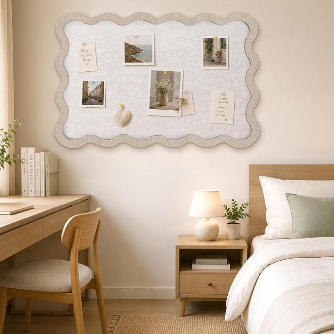 Scalloped Felt Bulletin Board, 36" x 24" Felt Cork Board Alternative for Wall, Foldable Picture Self-Adhesive Boards with Pins Hooks, Vision Boards for Photo Display School Home Office, Oatmeal