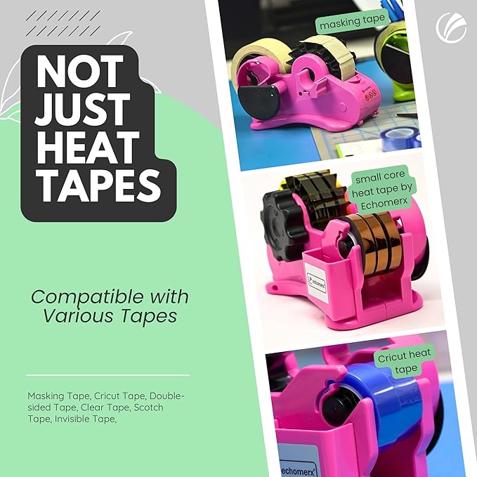 echomerx Original Heat Tape Dispenser Multi-Roll - Pre-Cut Sublimation, Heat Resistant, Heat Transfer, Thermal, Heat Press , Thin Double-Sided & Scotch Tapes, 1" & 3" Large Core, Pink