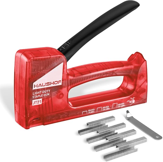 HAUSHOF Light Duty Staple Gun, Upholstery Staple Gun with 800PCS JT21 Staples and Stapler Remover, Fits JT21 Staple of 1/4'', 5/16'' & 3/8'', Used for Wood, Classroom, Crafts, DIY (Red Transparent) | Upholstery Staple Gun Fits JT21 Staple of 1/4'', 5/1...