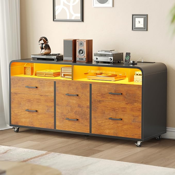 SEDETA 6 Drawers File Cabinet with Power Strip fits Legal/Letter/A4 Size | 47" Wood Mobile Lateral Filing Cabinet for Home Office, Printer Stand with Storage Shelf and Led Lights, Rustic Brown