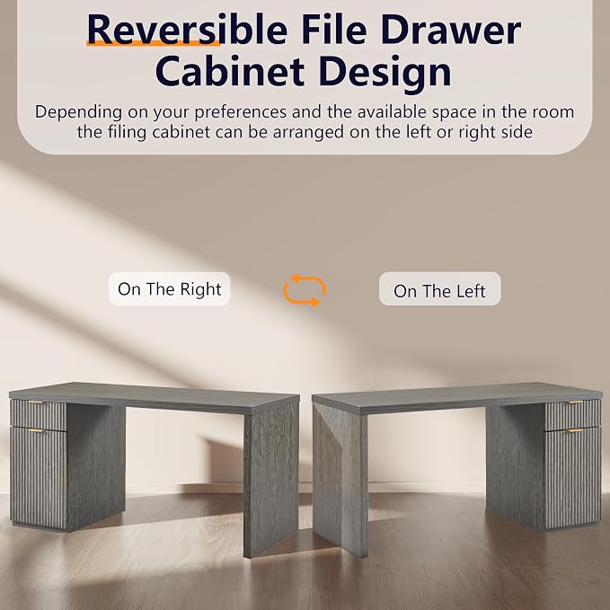 60" Modern Executive Desk, Reversible Left‑Right Cabinet, Built‑in Outlet | Reversible design lets you fix the cabinet on left‑hand or right‑hand side to fit your room layout