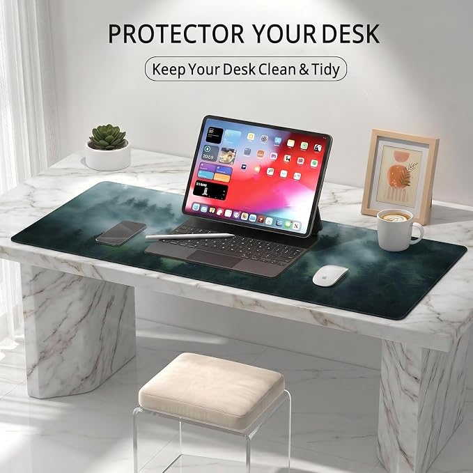 Auhoahsil Aerial Misty Forest Desk Mat, Ultra Large Full Desk Gaming Mouse Pad, Foggy Green Forest Landscape Extended Keyboard Pad, Nature Aesthetic Desk Pad for Home Office Gaming, 35.4"x 15.7"