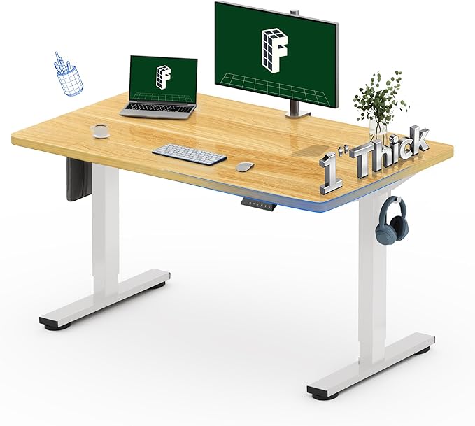 FLEXISPOT One-Piece Electric Standing Desk, 48 x 30 Inches Adjustable Desk with Seamless Desktop, Memory Controller Height Adjustment (White Frame + Maple Desktop, 2 Packages)