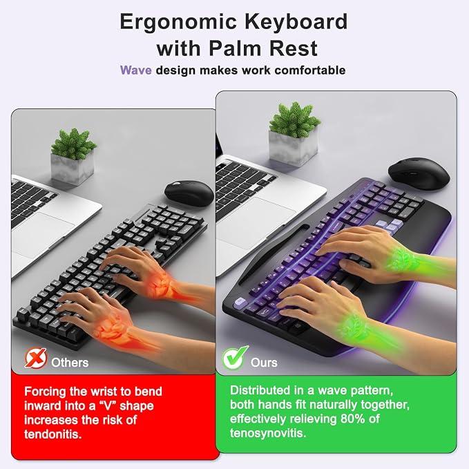 Wireless Keyboard and Mouse Combo, Full Size Ergonomic Wave Keys(Purple-B) | 2.4G Ergonomic Keyboard with Wrist Rest, Phone Holder, 3-Level DPI Silent Mouse with 6-Buttons, for Windows/Mac OS/Laptop/PC