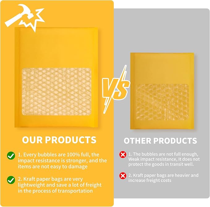 Kraft Bubble Mailers 50 Pack, 9"x12.5" External Dimension, Usable Size 8.5x11" Thick Bubble Envelopes Waterproof Cushioned Padded Mailers Shipping Packaging for Small Business Yellow #000