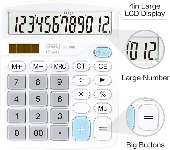 Calculator, Deli Standard Function Desktop Calculators with 12 Digit Large LCD Display and Sensitive Button, Solar Battery Dual Power Office Calculator, White
