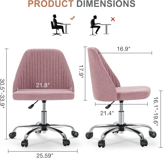 DUMOS Comfy Office Desk Chair, Armless Computer Vanity Chair | Height Adjustable, 360° Rolling Swivel Task with Wheels, Wide Seat, Cute, Home Bedroom, Student, Adults, Dusty Rose