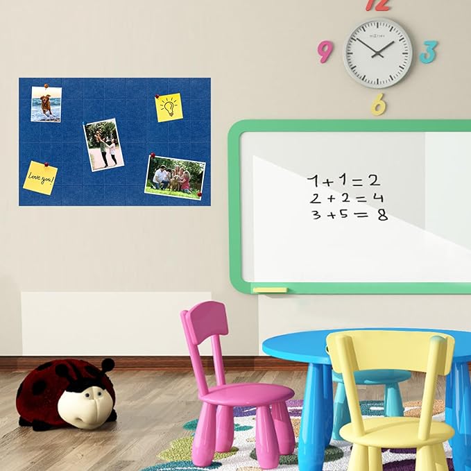 Large Square Felt Cork Board Tiles, Self Adhesive DIY Felt Bulletin Board Pin Board with 35 Pushpins for Office School Home Wall Decor Stickers Memos Photos Display (Blue)