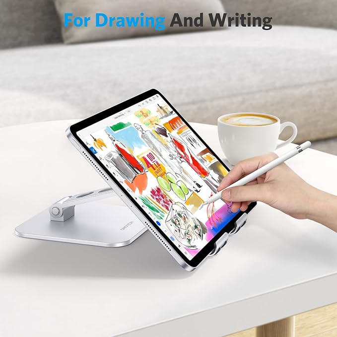 OMOTON T5 Upgraded Adjustable Tablet Stand for iPad Holder, Heavy Duty Portable Monitor Stand, Travel Essentials for iPad Pro/Air/Mini, Surface Pro 4.7''-13'', Silver