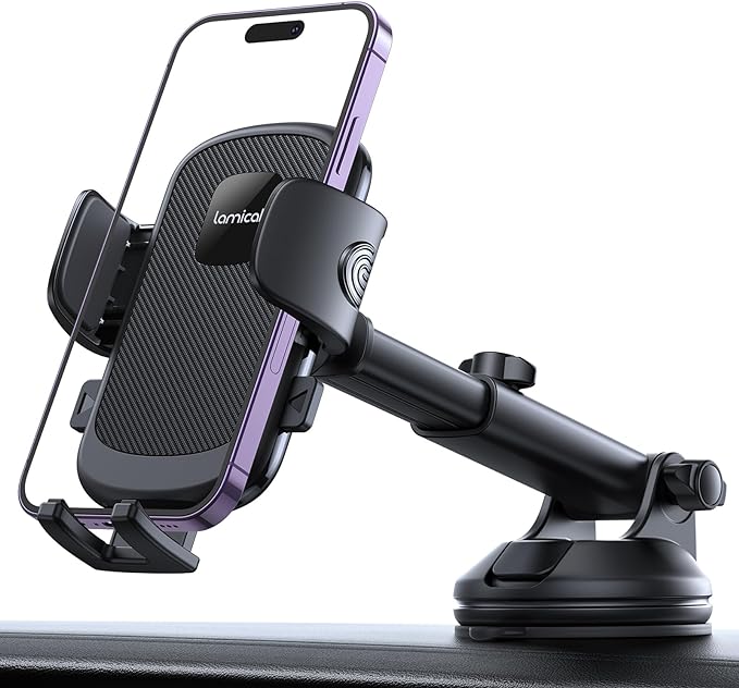 Lamicall Car Phone Holder Military-Grade Suction Cup Dashboard Windshield | 360° Rotation Phone Holders for Your Car, Quick Release Adjustable Phone Mount for Car for iPhone 17 16 15 Pro Max Dark Grey