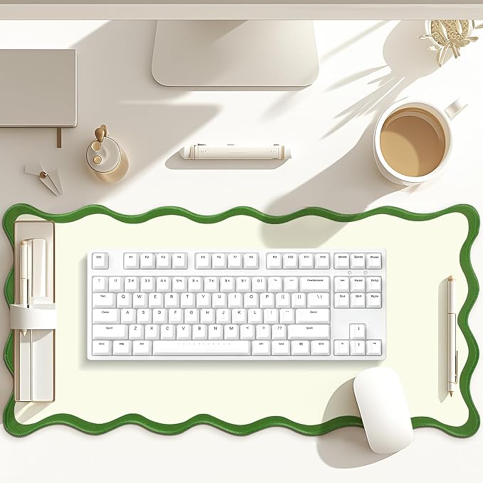 Hahafelt Scalloped Desk Mat Waterproof,Green,23.6 X 13.8 Inches | Coquette Preppy Style for School Office Makeup Vanity, Nonslip Gaming Desktop Protector with Scalloped Stitched Edge Mat