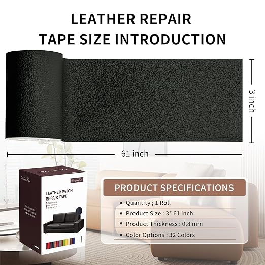 Leather Repair Patch Tape, Gloss Black 3 x 61 Inches Self Adhesive Leather Repair Kit for Furniture, Car Seat,Vinyl Leather Repair Kit for Office Chairs, Couch, Sofa, Luggage