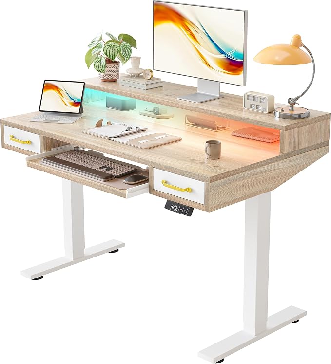 TIQLAB Standing Desk with Two Drawers, Stand Up Standing Desk Adjustable Height, Electric Sit Stand Table with Storage Shelf and Splice Board, with LED Light, 47 * 28 inch, Maple