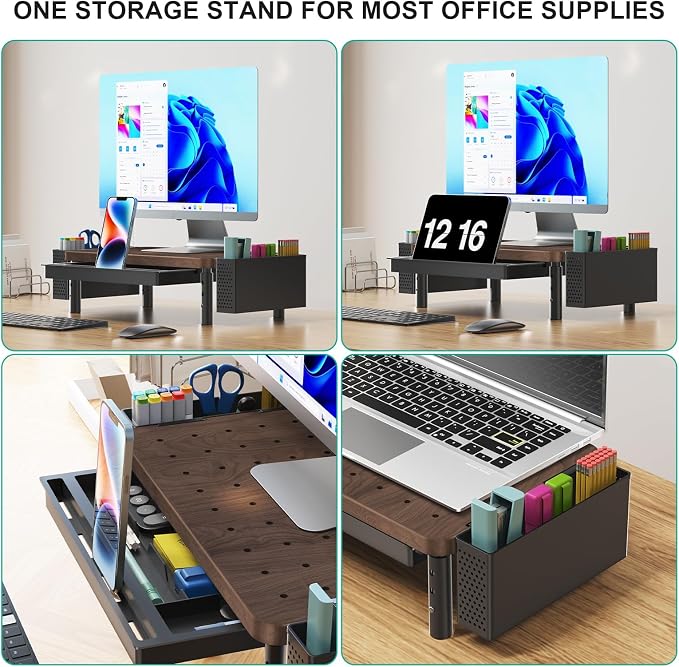 WALI Computer Monitor Stand with Storage and Pen Holder | 3 Height Adjustable Desk Organizer with Drawer, Desk Laptop Monitor Riser for Computer, Printer(PTT003-C), 1 Pack, Brown