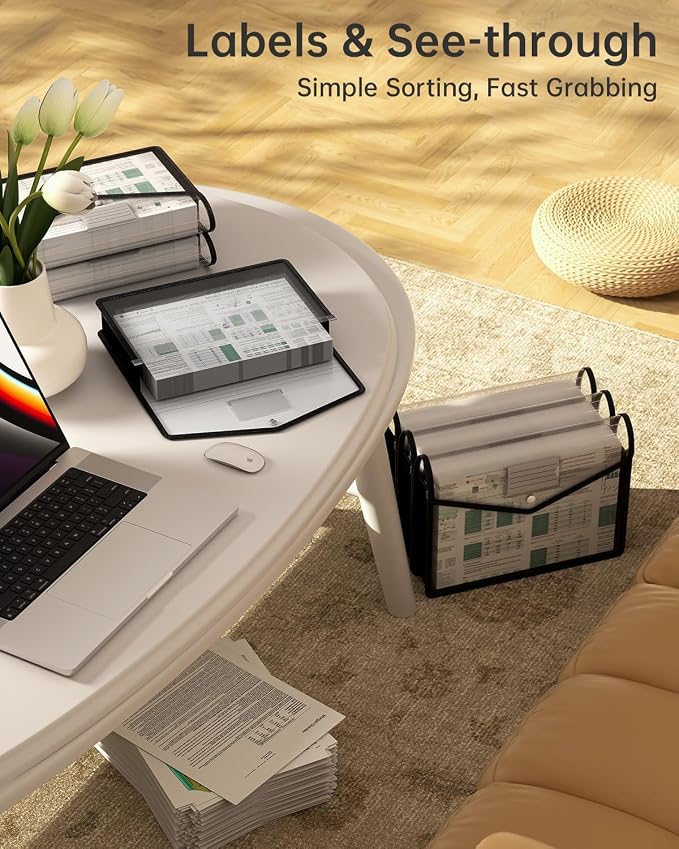 7 Pack Plastic Expanding File Folder, Fit Legal / B4 Size, Black | Transparent Envelopes with Snap Closure, No Dividers, Large Capacity, Black File Folder Organizer Holder, Bills&Taxes