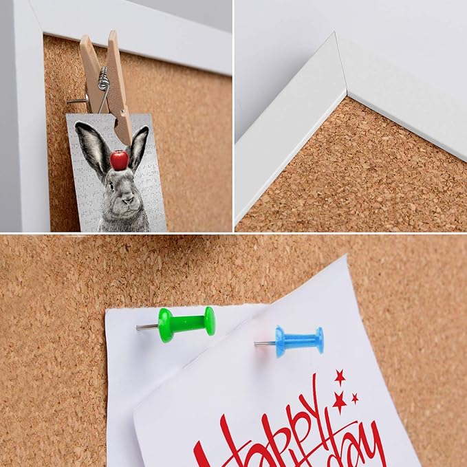 AkTop Cork Board Bulletin Board 12x12, White Framed Corkboard 4 Pack, Small Square Pin Board for Wall, Mini Thick Cork Tiles with 16 Push Pin Wood Clips for School, Home & Office