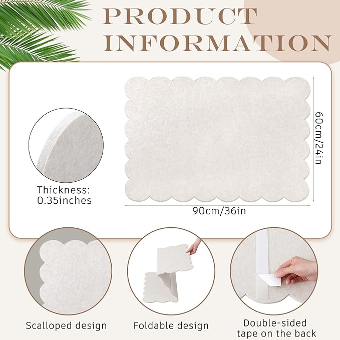 Scalloped Felt Bulletin Board 36 x 24 Inches Foldable Beige Pin Cork Board Alternative for Wall, 3' x 2' Trifold Picture Vision Self Adhesive Bulletin Decorative