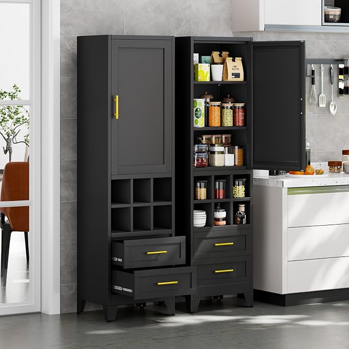 Metal Tall Narrow Storage Cabinet, Freestanding Floor Cabinet with Drawers and Adjustable Shelves, Pantry Storage Cabinet for Bathroom, Living Room, Entryway and Kitchen
