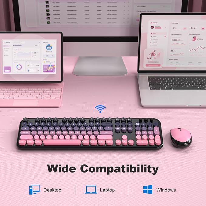 MOFII Wireless Keyboard and Mouse Combo,2.4G Typewriter Keyboard Quiet Mice | Retro Full Size Computer Keyboards, Cute Mouse, USB Dongle Plug and Play, for PC,Laptop,Desktop,Windows (Plum Pink Gradient)