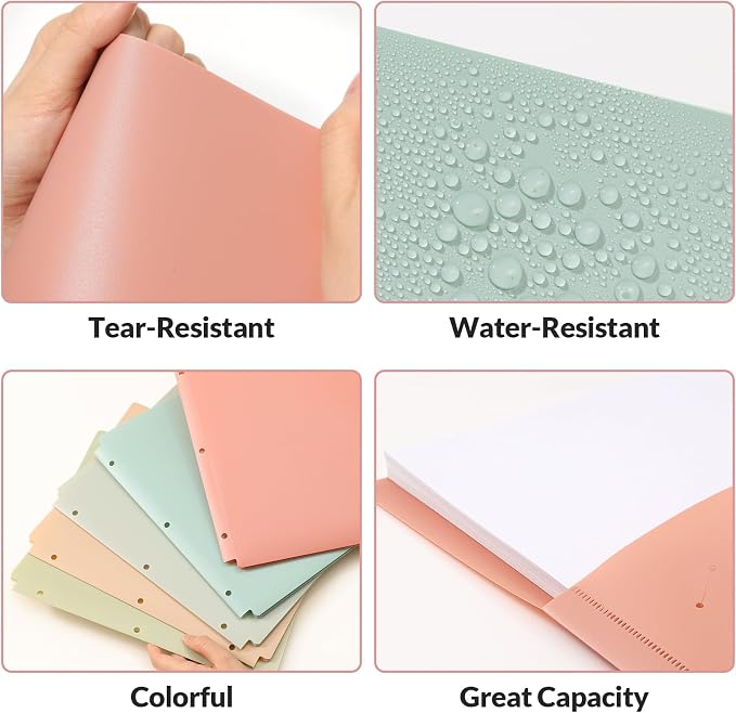GNL Plastic Folders with Pockets 3 Hole Punched, Pack of 5, 2 Pocket Folders for 3 Ring Binder，Muted Pastel Colors, Heavy Duty Binder Folder for School, Home and Office