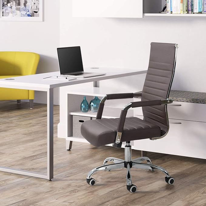 Furmax Ergonomic Office Desk Chair, Executive Ribbed Mid-Back PU Leather Conference Room Chair Adjustable Swivel Chair with Arms (1, Brown)