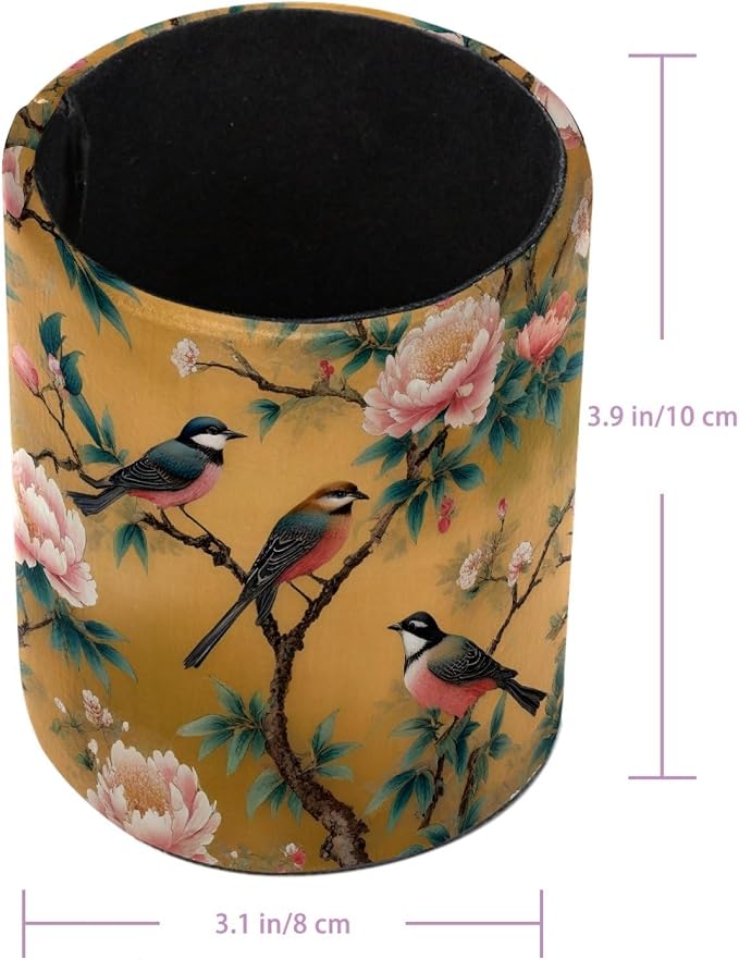 Leather Pen Holder for Desk, Peony Bird Pencil Cup Pen Organizer Makeup Brush Holder for Office Home Kids Countertop Desk Accessory Storage