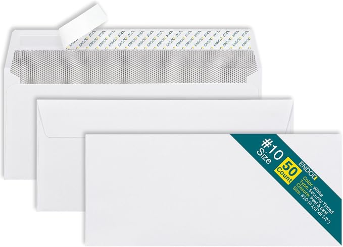 #10 Envelopes Self Seal - 50/pack - 4 1/8 x 9 1/2 inch Letter Size - Business Envelopes #10 Peel & Seal Closure, Security Tinted for Invoices, Statements - Blank White 24LB Paper