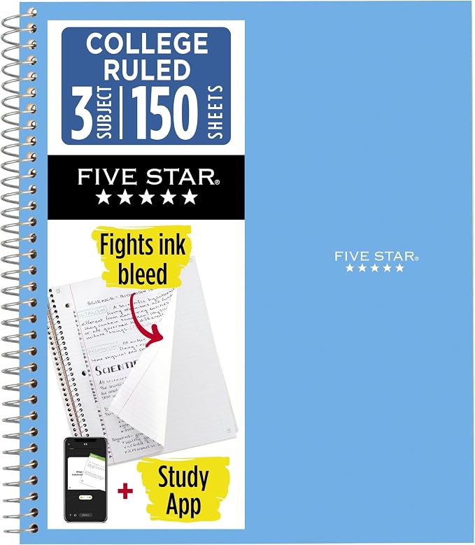 Five Star Spiral Notebook + Study App, 3 Subject, College Ruled Paper, 8.5" x 11", 150 Sheets, Blue (Color May Vary) (820003NH0), (Pack of 6)