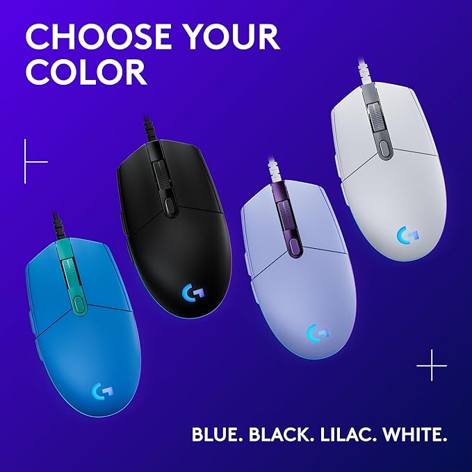 Logitech G203 Wired Gaming Mouse, 8,000 DPI, Rainbow Optical Effect LIGHTSYNC RGB, 6 Programmable Buttons, On-Board Memory, Screen Mapping, PC/Mac Computer and Laptop Compatible - Lilac