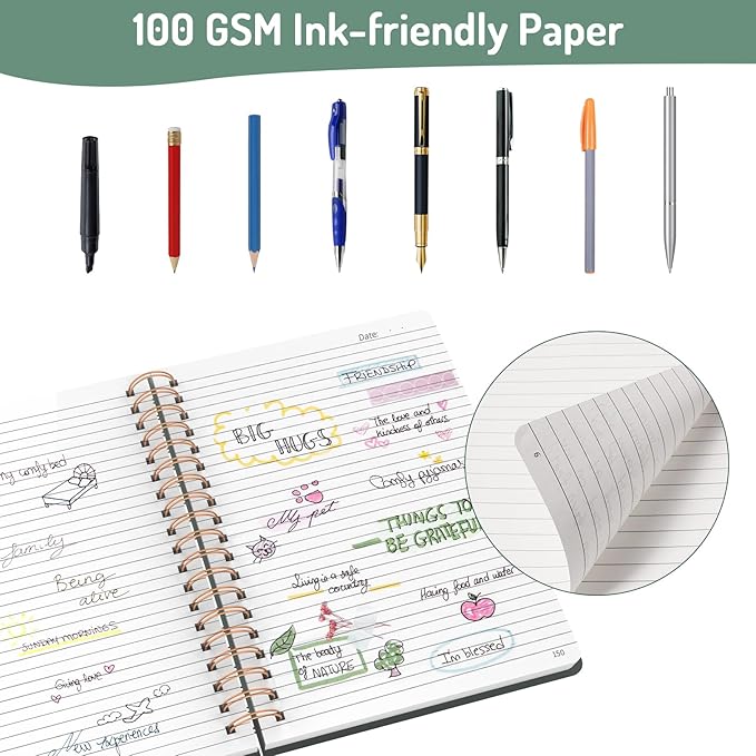 Forvencer Lined Spiral Journal Notebook with 300 Numbered Pages, B5 College Ruled Thick Journals for Writing with 100GSM Paper, Hardcover Notebooks with Contents for Work, School, Women, Men, Dark