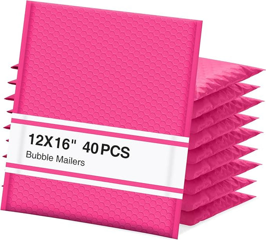UCGOU Bubble Mailers 12x16 Inch 40 Pack Usable Size 12x15 Inch Large Padded Envelopes Hot Pink Waterproof Packaging Bags for Shipping Self Seal Strong Adhesion Envelopes for Jewelry Makeup Supplies
