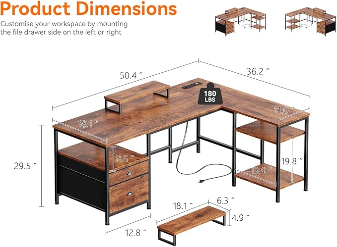 Furologee L Shaped Computer Desk with Power Outlet, Reversible Home Office Desk for Work Study, 50 Inch Corner Gaming Table with File Drawer, Monitor Stand, Storage Shelves, Rustic Brown