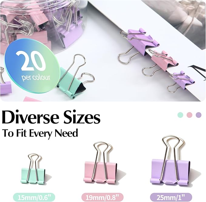 Binder Clips Assorted Sizes, Durable Metal Binder Clips for Office, Cute Desk Supplies for Teachers Student (60, Morandi)