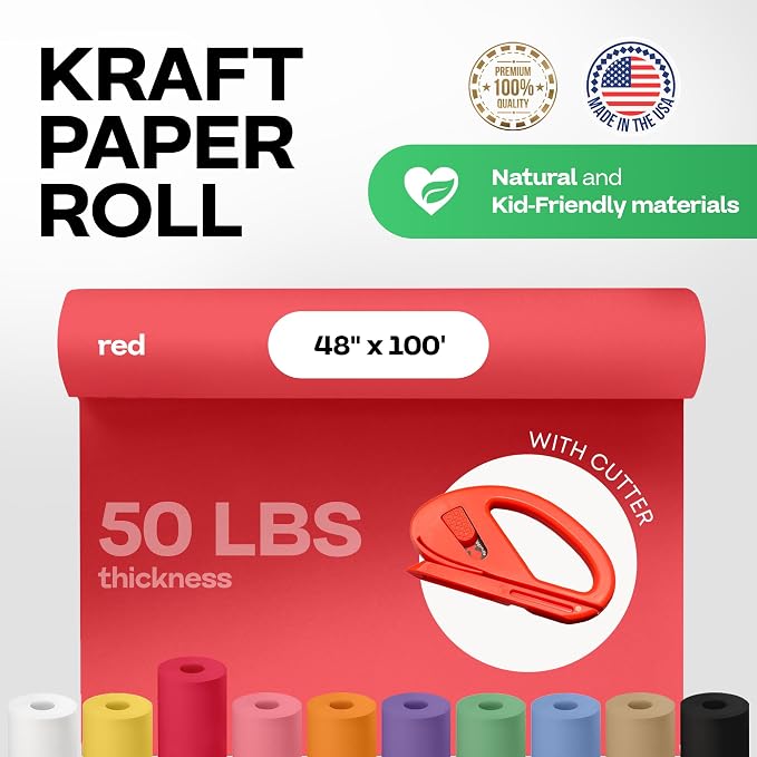 Red Kraft Paper Roll 48" x 1200" (100 feet) with Cutter - USA-Made Gift Wrapping Paper for Packing, Moving, Shipping & Crafts/Arts - 100% Recyclable Natural Craft Material by IDL Packaging | Gift Wrapping Paper for Packing, Moving, Shipping & Crafts/Ar...