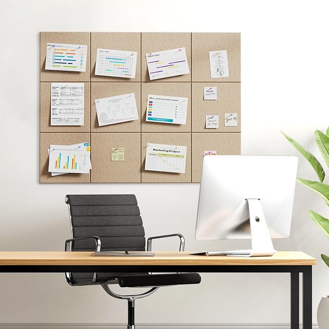 MaxGear Felt Bulletin Board 36" x 24", Tan Felt Wall Tiles Push Pins | Cork Board For Walls Alternative, 6 Pack 11.8" x 11.8" Wall Panels, Pin Board Custom Layout Design, Office Decor Home Decor