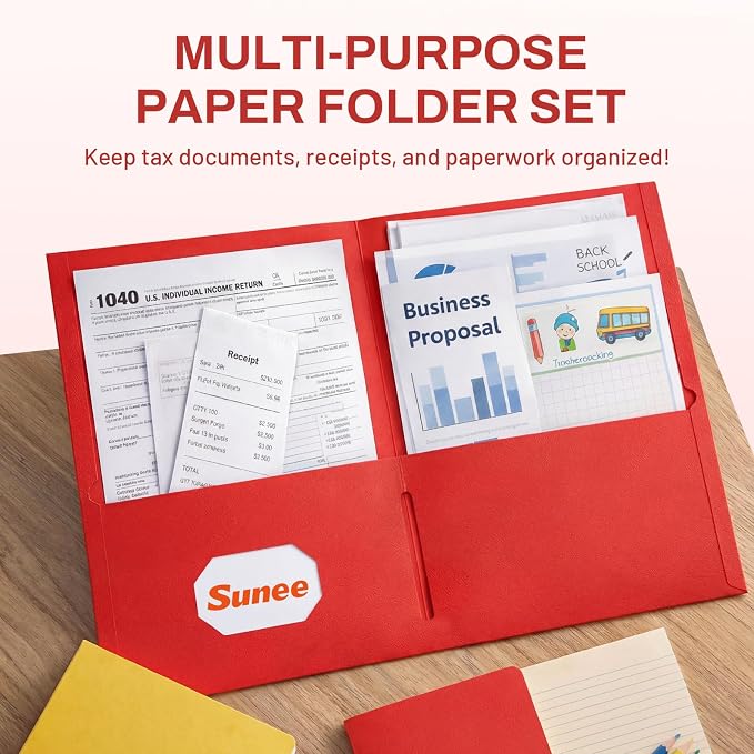 SUNEE Two Pocket Folders, 100 Pack File Folders with Business Card Slot, Textured Paper, Fit Letter Size Paper, Paper File Folder for School Office Home Business, Red