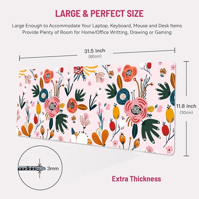 Mousepad Desk Mat Gaming Large Keyboard Cute Office Desktop Computer Laptop Floral XXL Long Giant Big Kawaii Aesthetic Girly Pretty Design Women Girl Gamer Oversized Wide 30x12'' Mousepad
