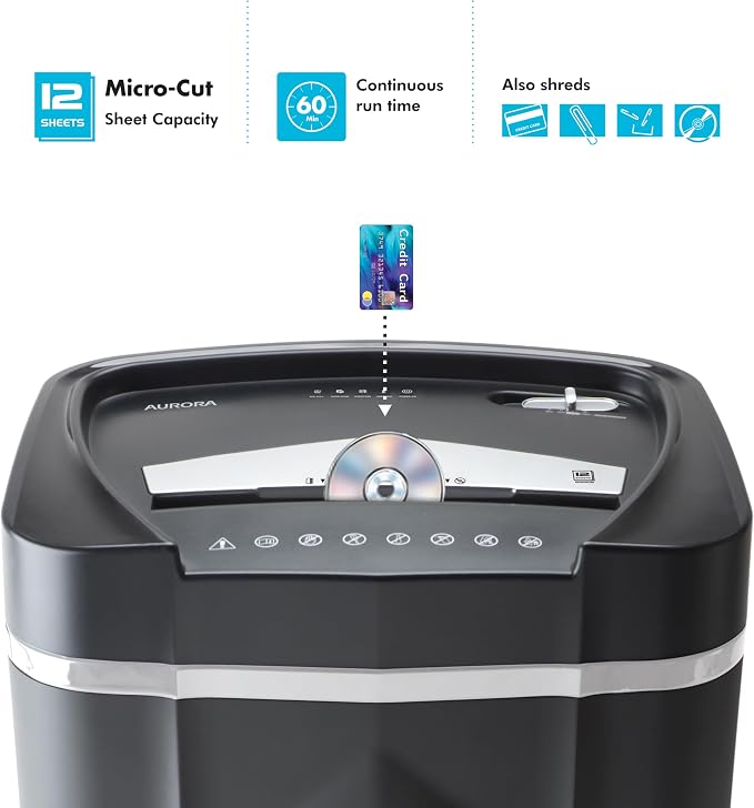 Aurora High-Security 12-Sheet Micro-Cut Paper/CD and Credit Card Shredder with 5 Gallon Pullout Basket / 60 Mins Running Time/Security Level P-4