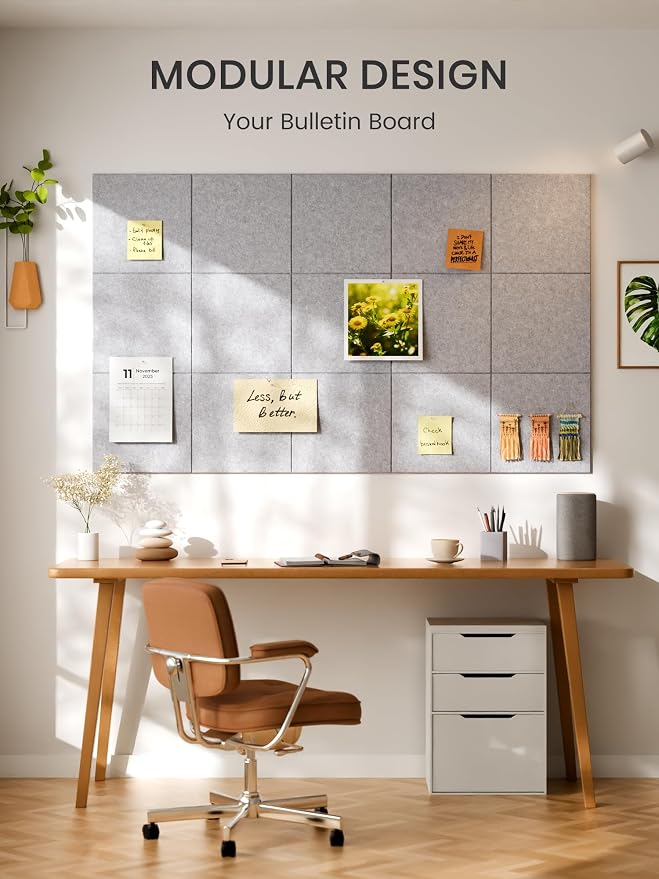 Bumusty 36"x 24" Large Felt Bulletin Board Tiles, Soft Gray | 6-Pack Cork Board Alternative, Wall Decor, 30 Pushpins, 30 Adhesive Tabs, Vision Board, Office, Classroom, Home, Dorm