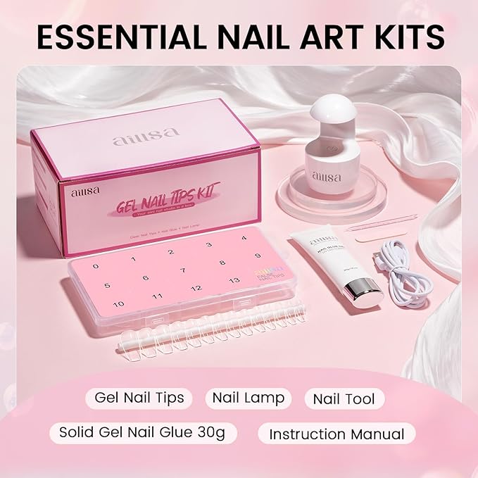 AILLSA Gel Nail Tips Kit Medium Coffin Nail Tips 224pcs, Upgrade Nail Glue Gel 30g for False Nail Tips, Gel Nail Kit with U V Lamp for Women Starters
