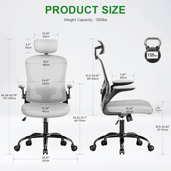 Ergonomic Office Chair - Adjustable Lumbar Support and Headrest, High Back Desk Chair with Flip-Up Arms for Home Office, 90-120° Tilt & Swivel Rolling Task Chair (Grey6076)