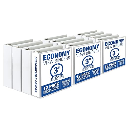 Samsill 3 Inch 3 Ring Binders, Economy Round Ring, Clear View Cover, 550 Sheet Capacity - for School, Home, Office - White, 12 Pack
