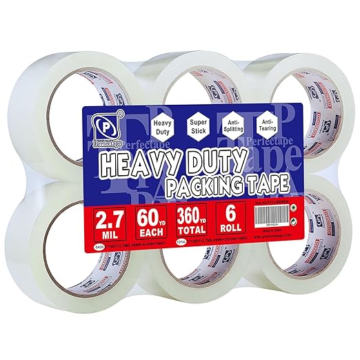 P PERFECTAPE Heavy Duty Packing Tape 6 Rolls, Clear, 2.7 mil, 1.88" x 60Y | Total 360Y, Ultra Strong, Refill for Packaging and Shipping