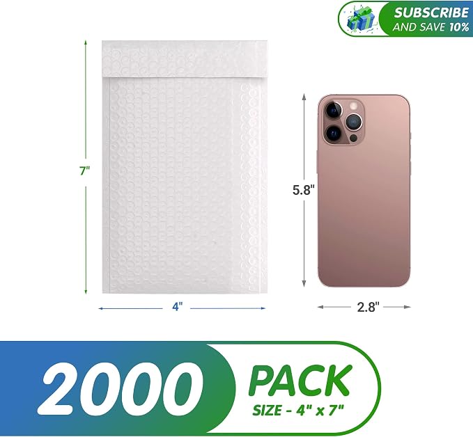 White Poly Bubble Mailers 4 x 7 Inch. Pack of 2000 Padded Envelopes Waterproof. Self Seal Padded Mailers with Durable Seams. Lightweight Padded Shipping Envelopes for Mailing Fragile Things
