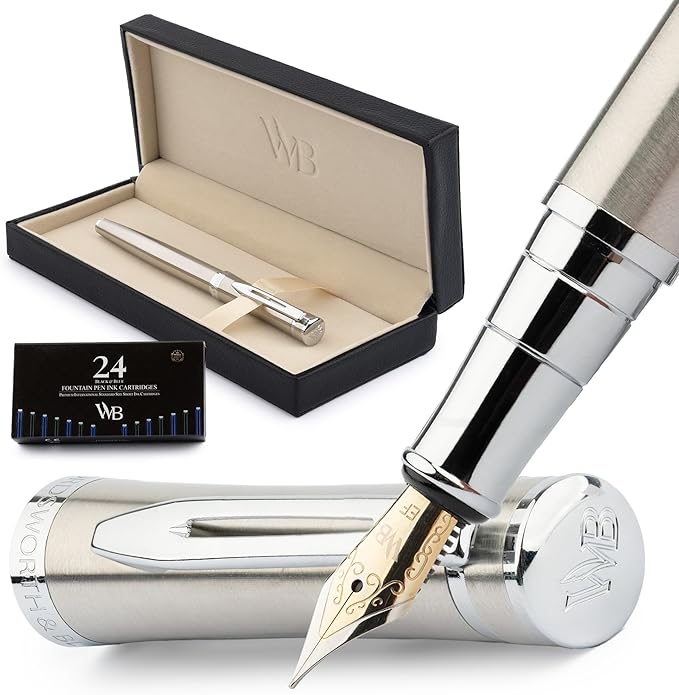 Wordsworth & Black Fountain Pen Set for Writing,Extra Fine Nib, Silver | Gift for Men & Women, Brass Body, 18K German Iridium, Calligraphy, Converter + 24 Ink Cartridges, Refillable, Leak-Free