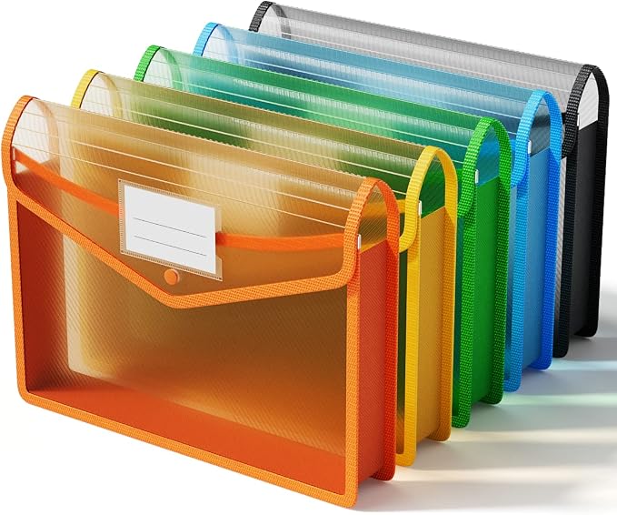 ThinkTex Plastic Expanding File Folder, Transparent Envelopes with Snap | No Dividers, Large Capacity, Assorted Colors, Fits Letter / A4 Size - 5 Pack
