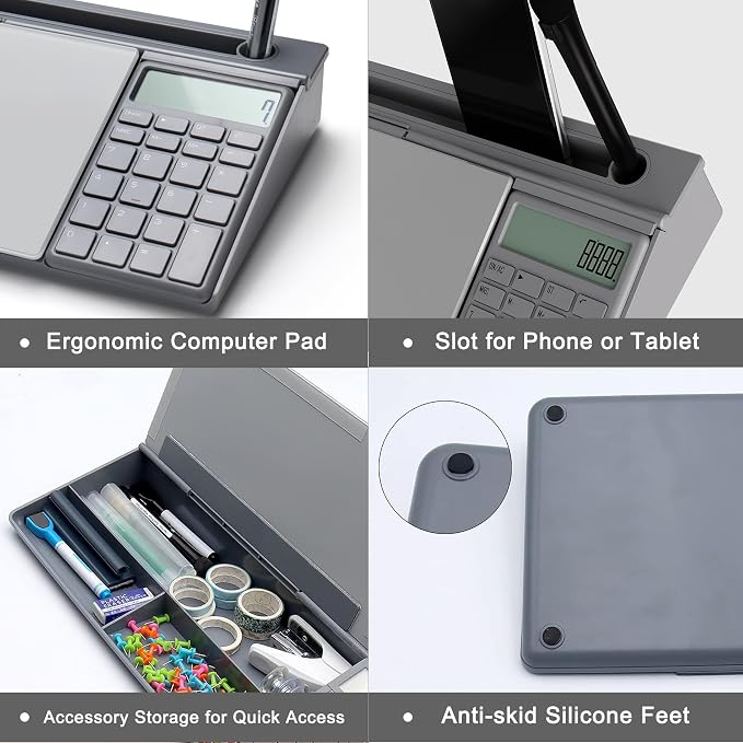 TOWON Glass Desk Whiteboard with Calculator 18x6 in, Desk Organizer, Gray | Desktop whiteboard with 12-digit LCD calculator. Storage for office, home, school. Glass dry erase with accessories.