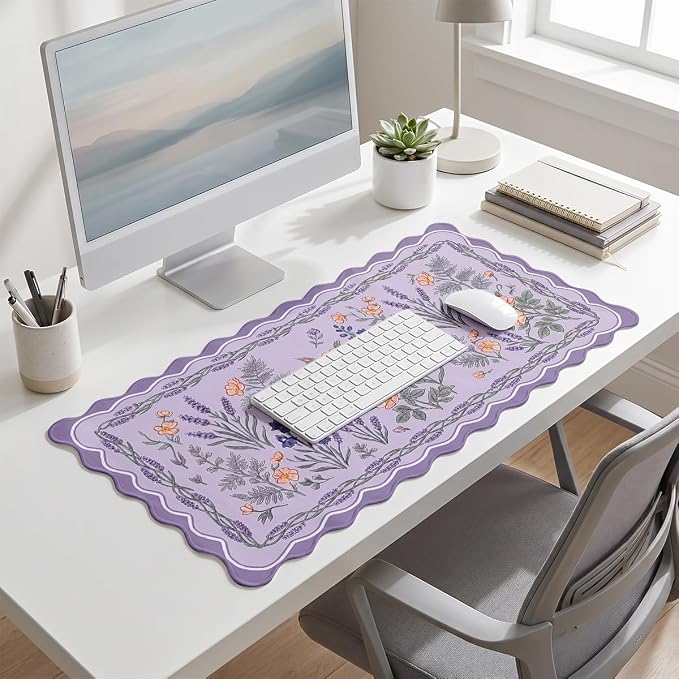 Lavender Floral Scalloped Mouse Pad Bird Botanical Lilac Garden Large Gaming with Stitched Edges,Non-Slip Waterproof Rubber Base Mous Mat Office Computer Keyboard Laptop Home 31.5"x15.7"