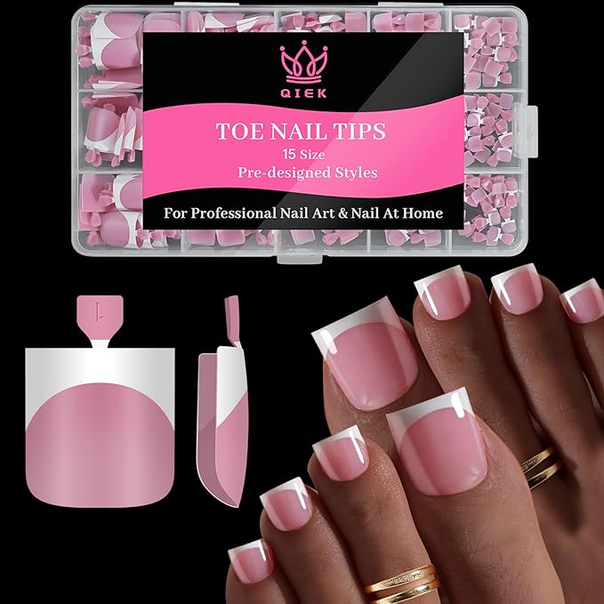 Toe Nail Press Ons French Tip, Sharp Square Berry Pink Pre-Designed Fake Toenail Press On for Women DIY, Soft False Acrylic Nail Extension 15 Sizes, 270 Pcs - Builder Nail Gel & Top Coat Needed